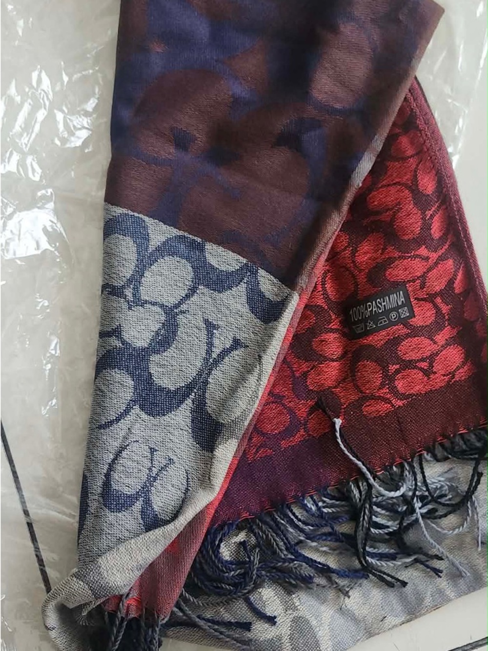 Reversible Logo-Pattern Pashmina Scarf in Red, Navy & Gray
